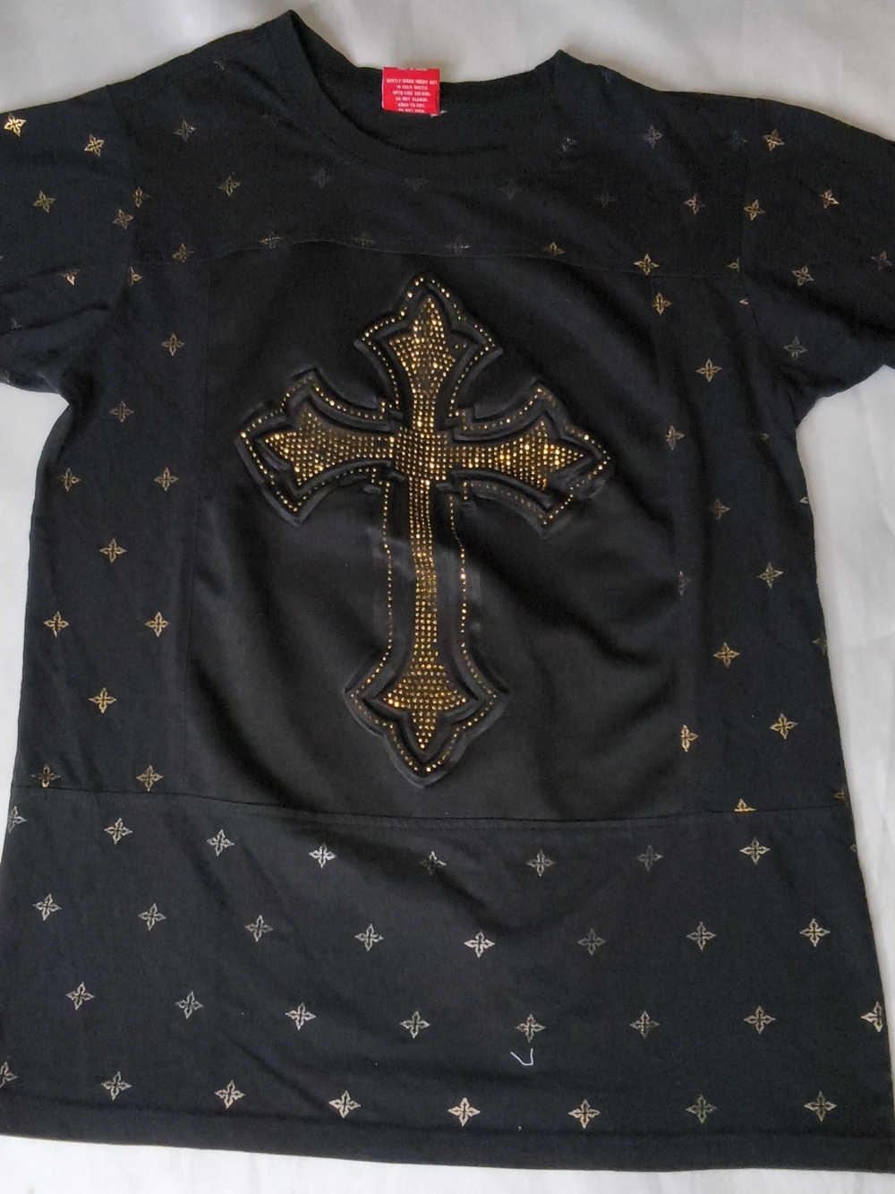 Men's Black Y2K Short-Sleeve Tee with Gold Studded Cross